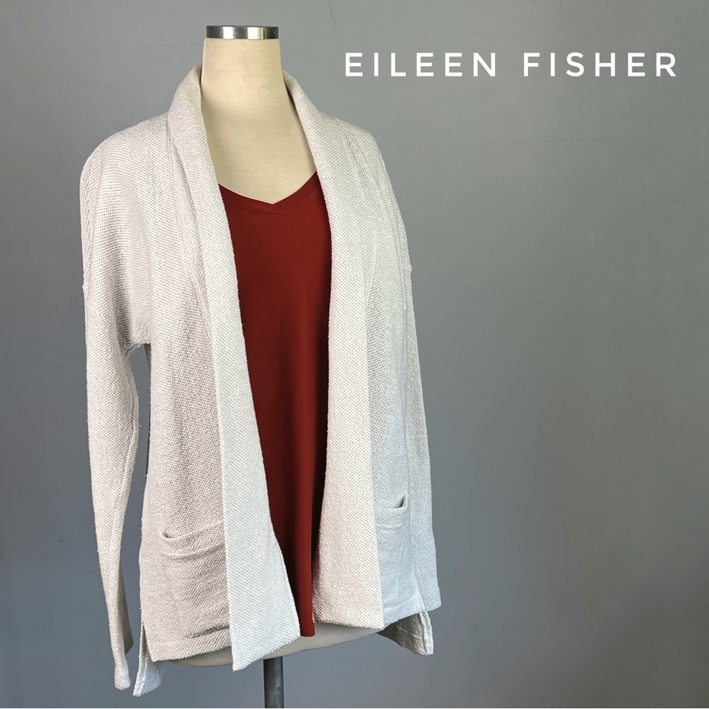 EILEEN FISHER Woven Knit Open Front Cardigan Jacket Duster - White Cotton Medium - Picture 11 of 11
